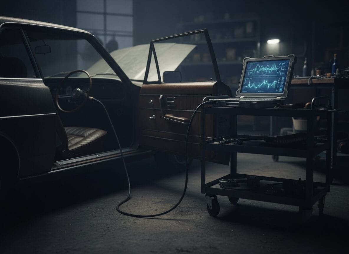 OBD diagnostic laptop connected to a vehicle in a workshop