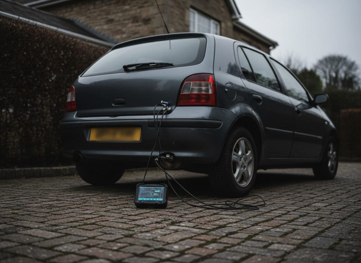 Diagnostic equipment set up on a driveway for an AdBlue tank repair