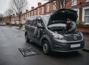 Open engine bay on a diesel van parked on a Birmingham street