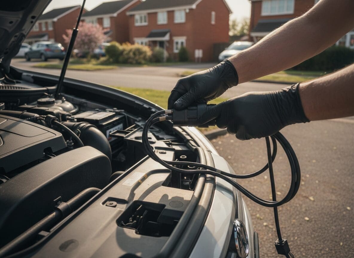 Technician's hands connecting diagnostic equipment to a van on a driveway — Ducato AdBlue diagnosis