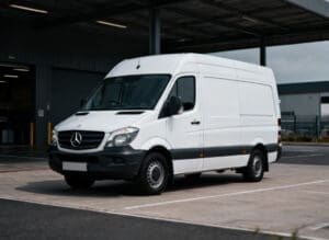 White Mercedes Sprinter-style van on a vehicle forecourt