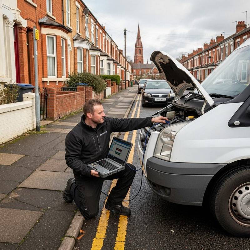 Mobile AdBlue specialist connecting diagnostic equipment to a van on a West Midlands residential street