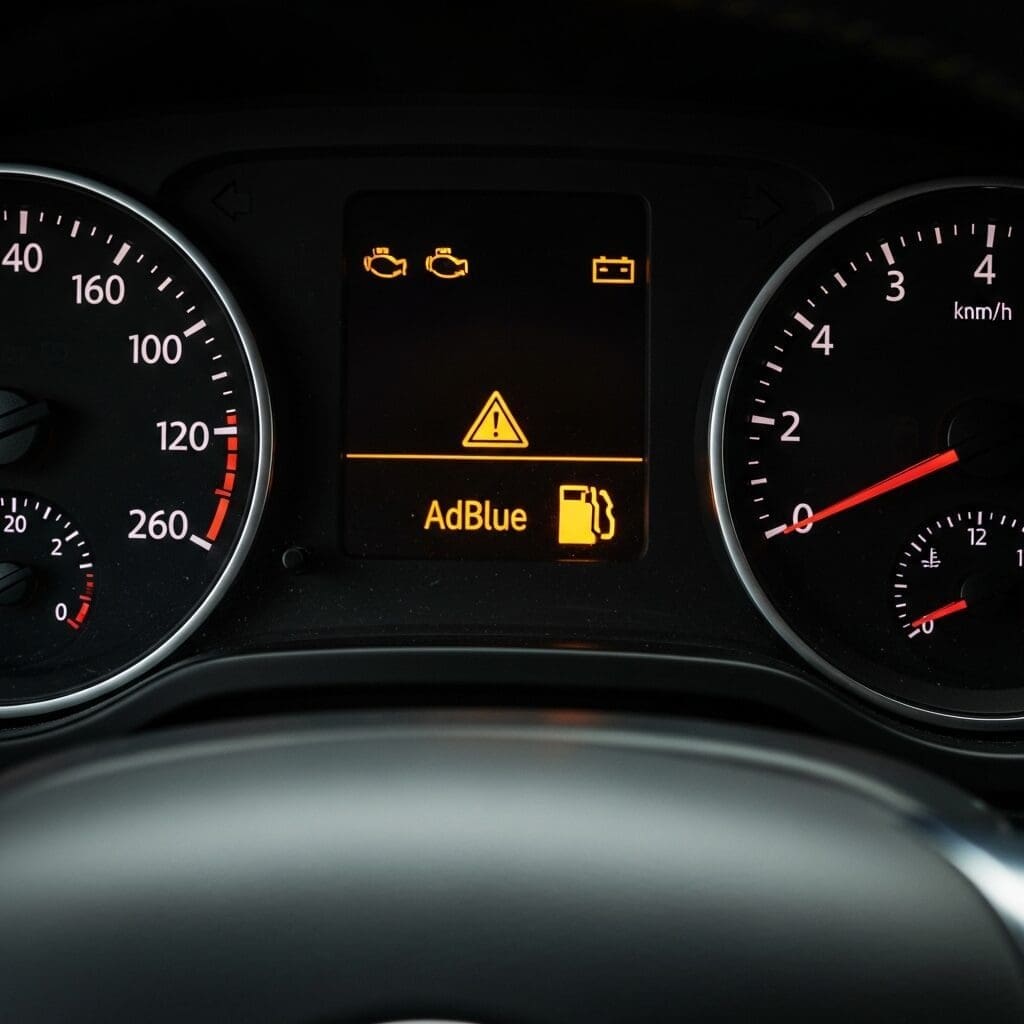 AdBlue system malfunction warning light illuminated on a diesel vehicle dashboard