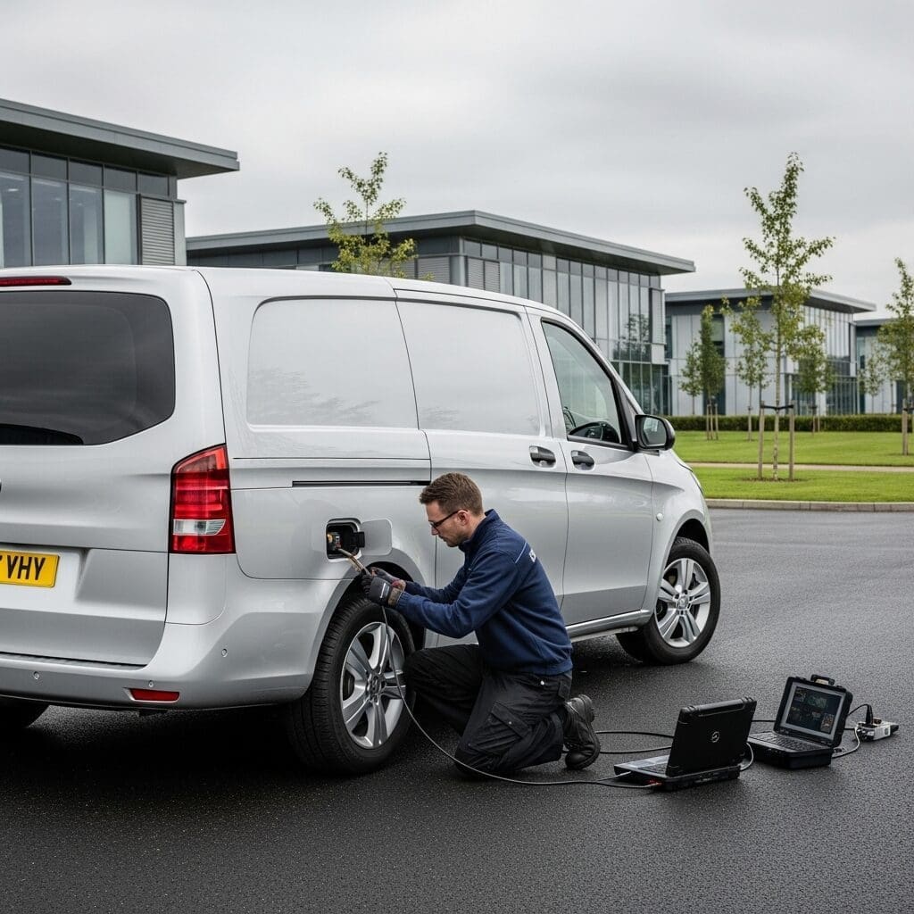 Mobile technician diagnosing an AdBlue fault — Mitsubishi L200 SCR system repair